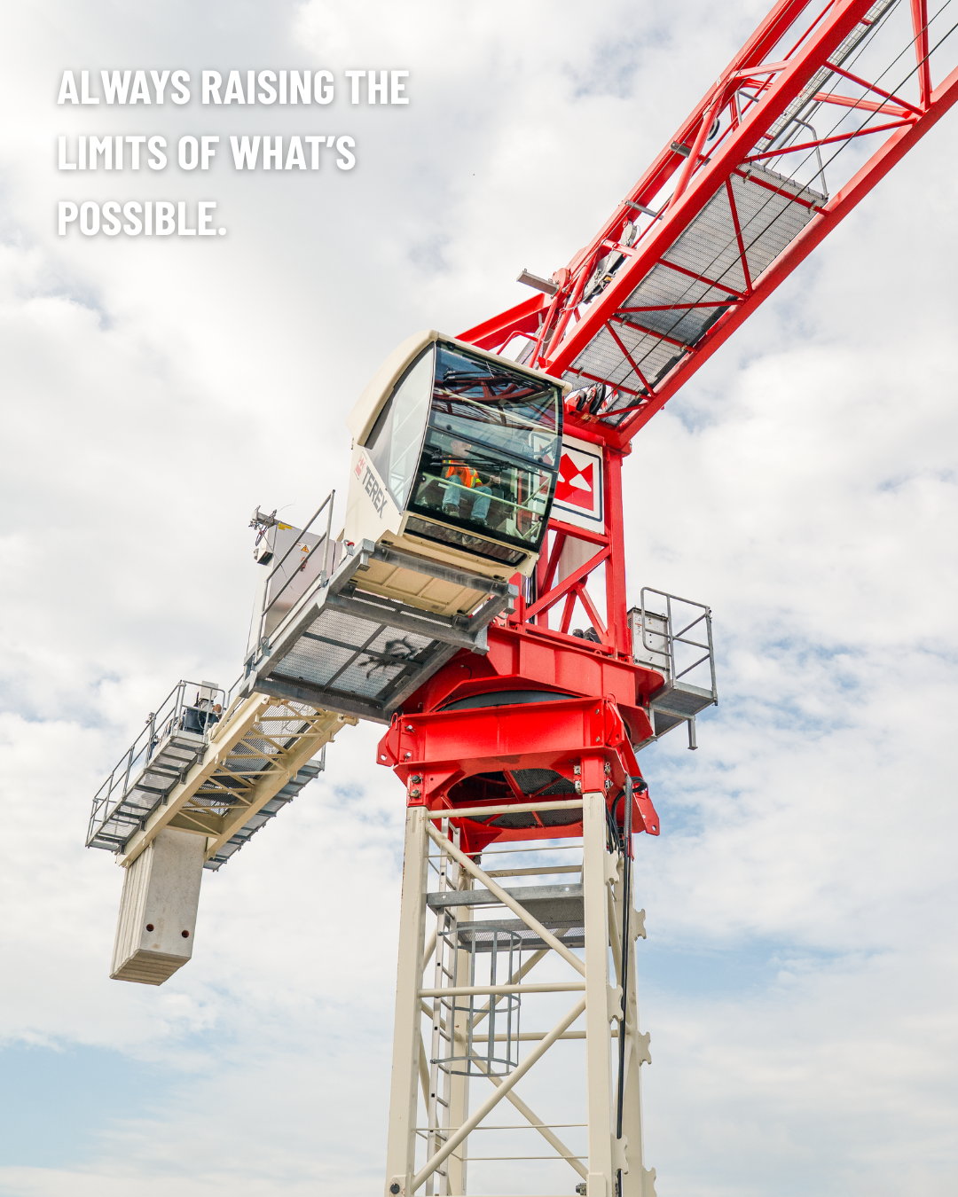 An image of a red crane with text in the top left corner reading: Always raising the limits of what's possible.