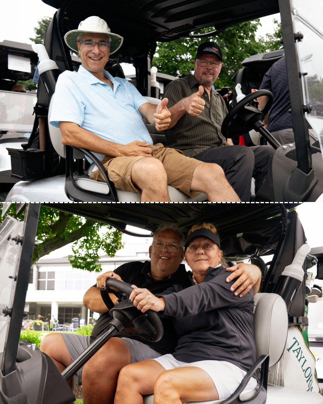 24 people sitting in a golf cart together smiling and giving the camera thumbs up.