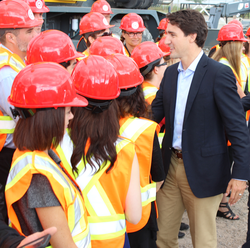 Liberal leader Justin Trudeau greets staff at Local 793 HQ in Oakville.