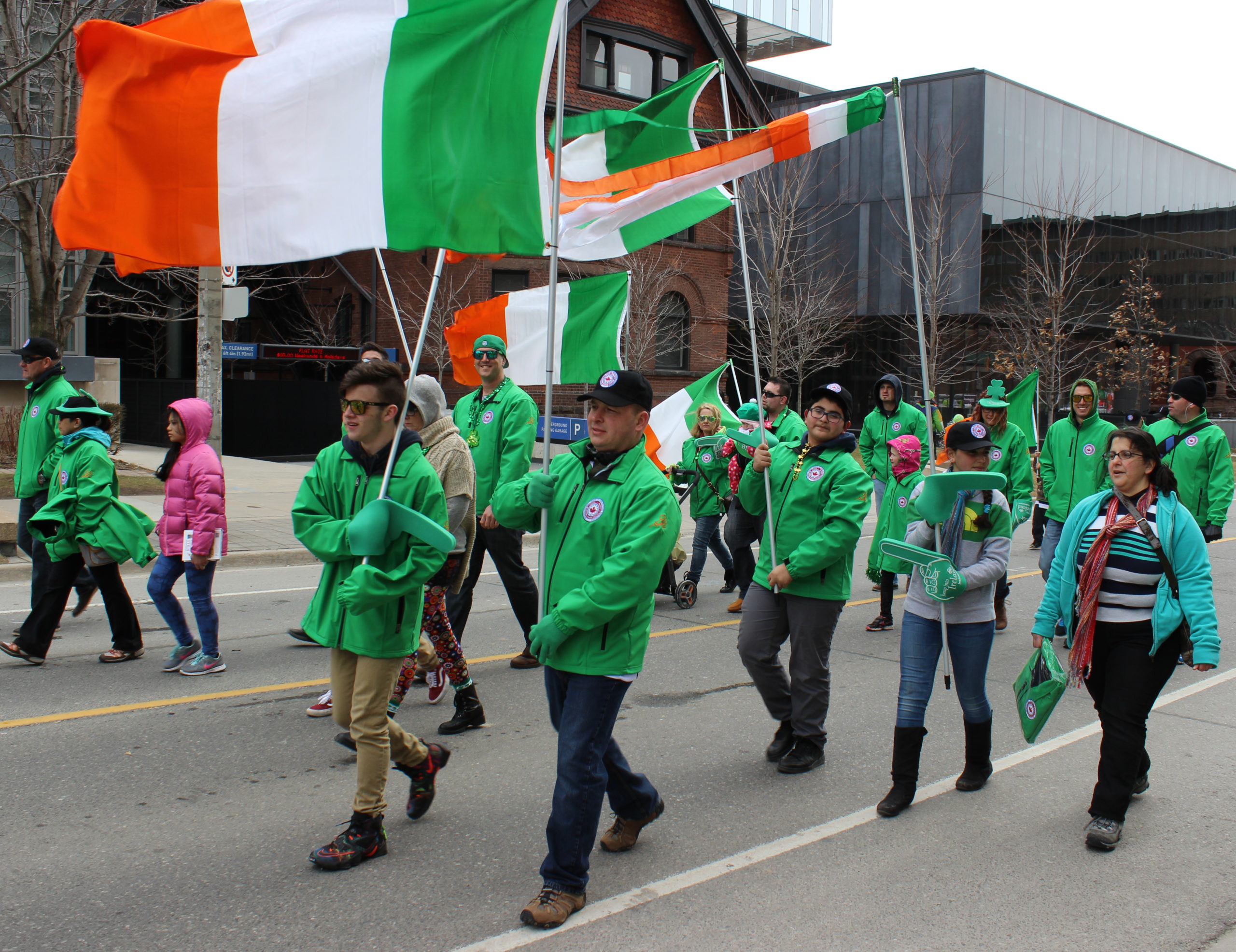 Irish tricolours are flown proudly.