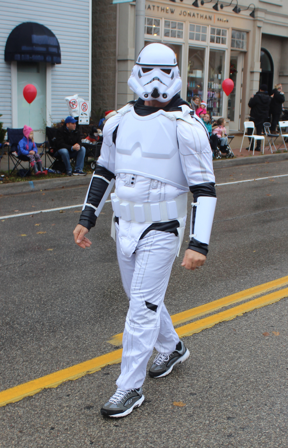 A Local 793 member dressed as a Stormtrooper from Star Wars at the Santa Claus Parade.
