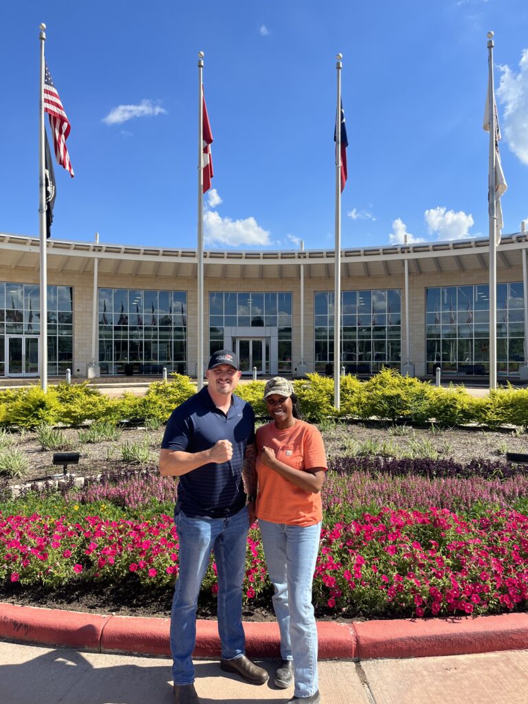 IUOE Local 793 Director of Health and Safety, Andrew Saunders, ran into Sister Keturah Hinds posing with a 'union strong fist' in front of the International Training and Education Centre in Crosby, Texas