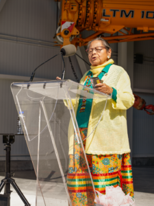 hippewa of Rama First Nations Elder, Stephanie Sandy, giving a speech.