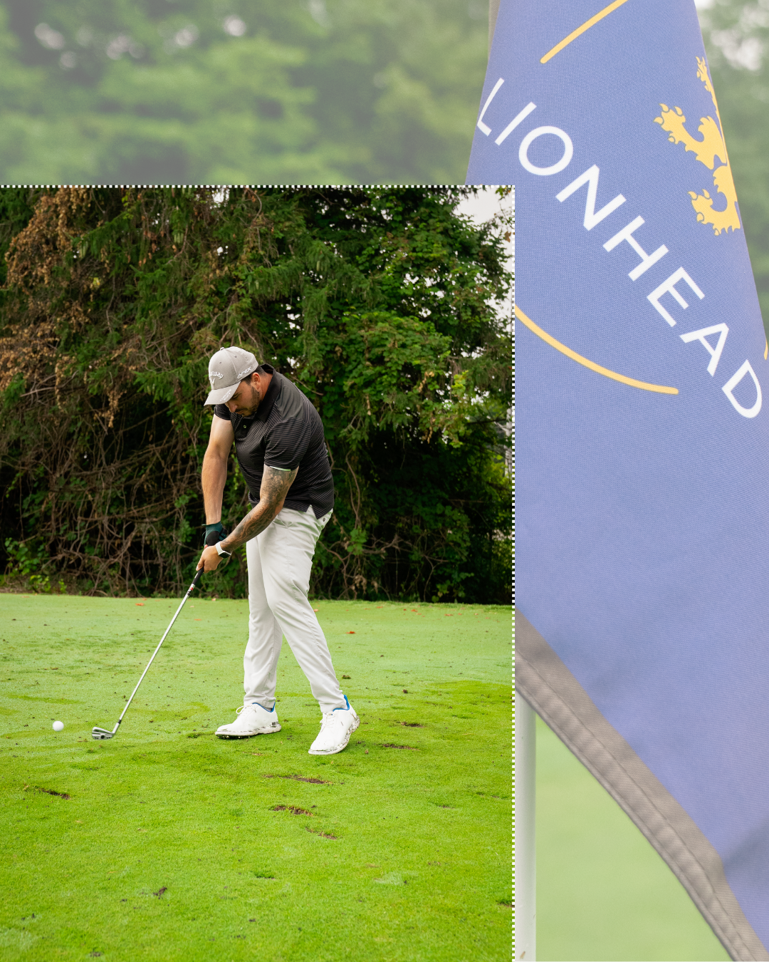 2 images stacked on top of one other. First image is someone golfing, second image is of a blue flag with white writing "Lionhead".