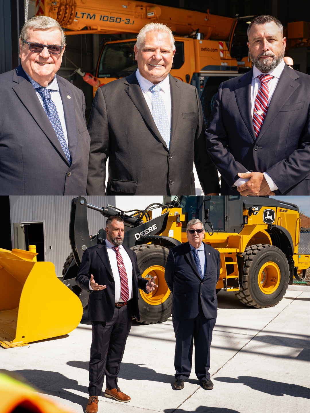 Two images stacked on top of each other. Top images features Mike Gallagher (left), Doug Ford (centre), John Downey (right). Bottom image features John Downey (left) and Mike Gallagher (right) standing in-front of a dozer.