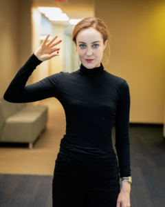 793 staff member Bree Gallagher dressed as Elizabeth Holmes