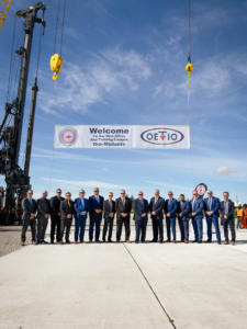 IUOE and OETIO executives and business reps stand in-front of a banner which reads: "Welcome to our New Office and Training Campus, Oro-Medonte" with the OETIO and IUOE Local 793 logo's on either side.
