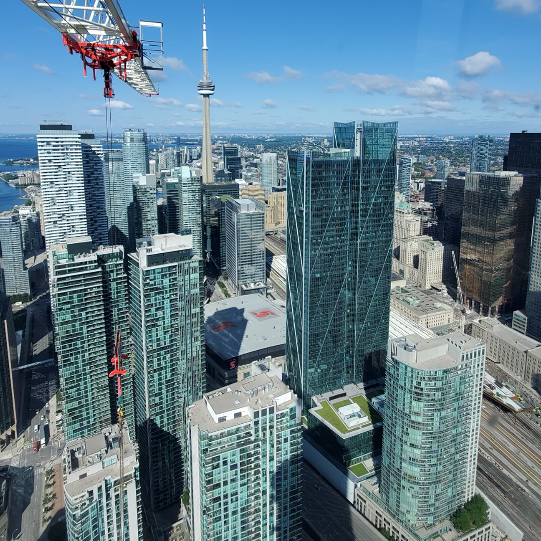Local 793 member Jacob Cowl's view of the CN Tower in downtown Toronto from his Comedil 472 tower crane.