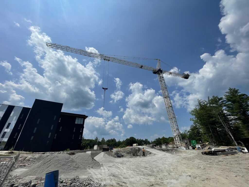 Panoramic shot of the site and erected crane.