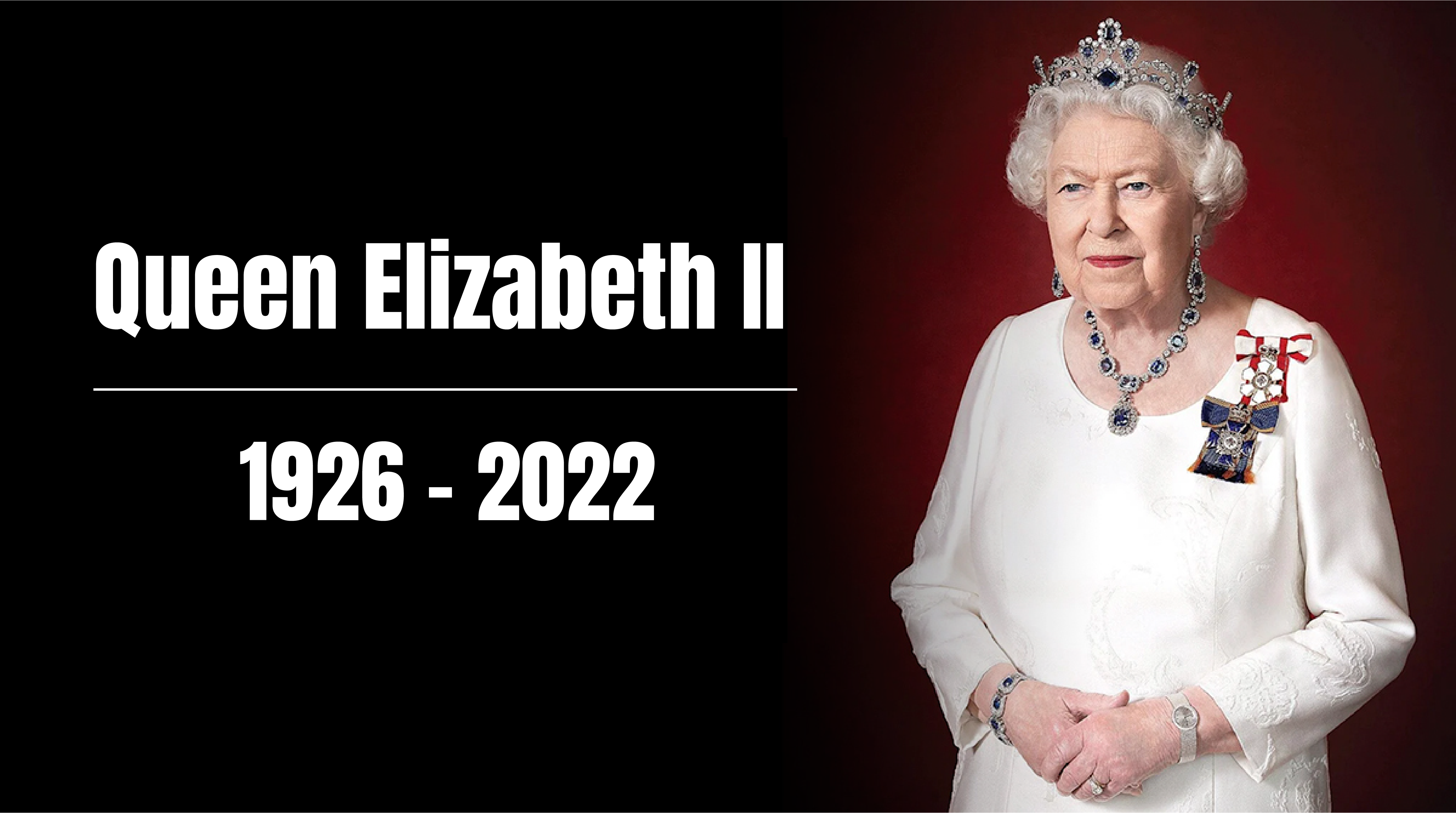 Photo of the Queen with text reading ' Queen Elizabeth II, 1926-2022'